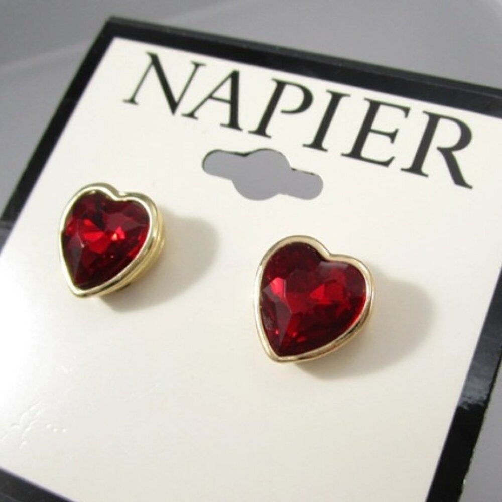 NAPIER Romantic Gold Heart Shaped Bezel Set Ruby Red Crystal Stud Earrings**NEW!